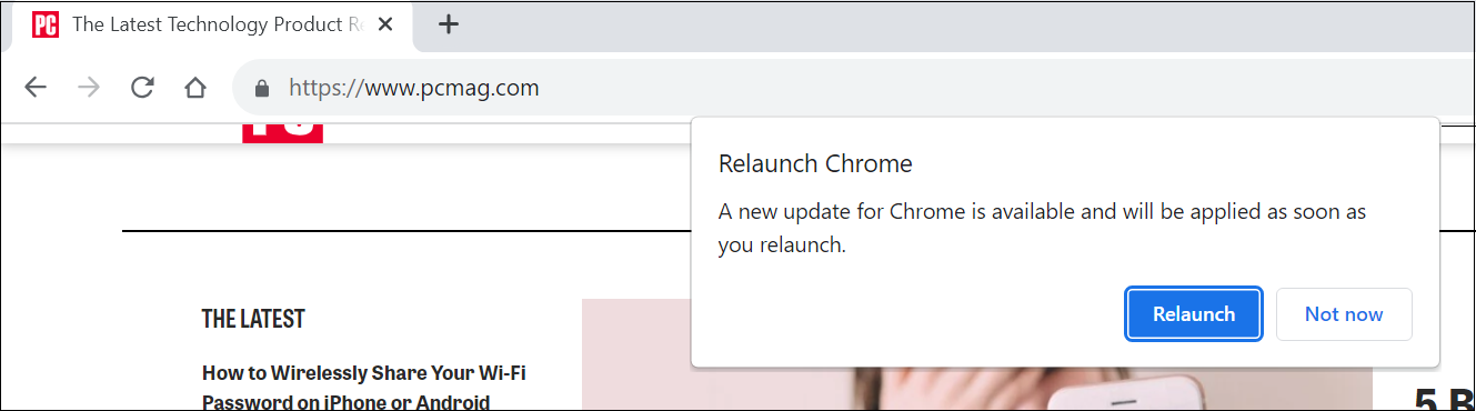 pop-up window asking if you want to update and restart chrome