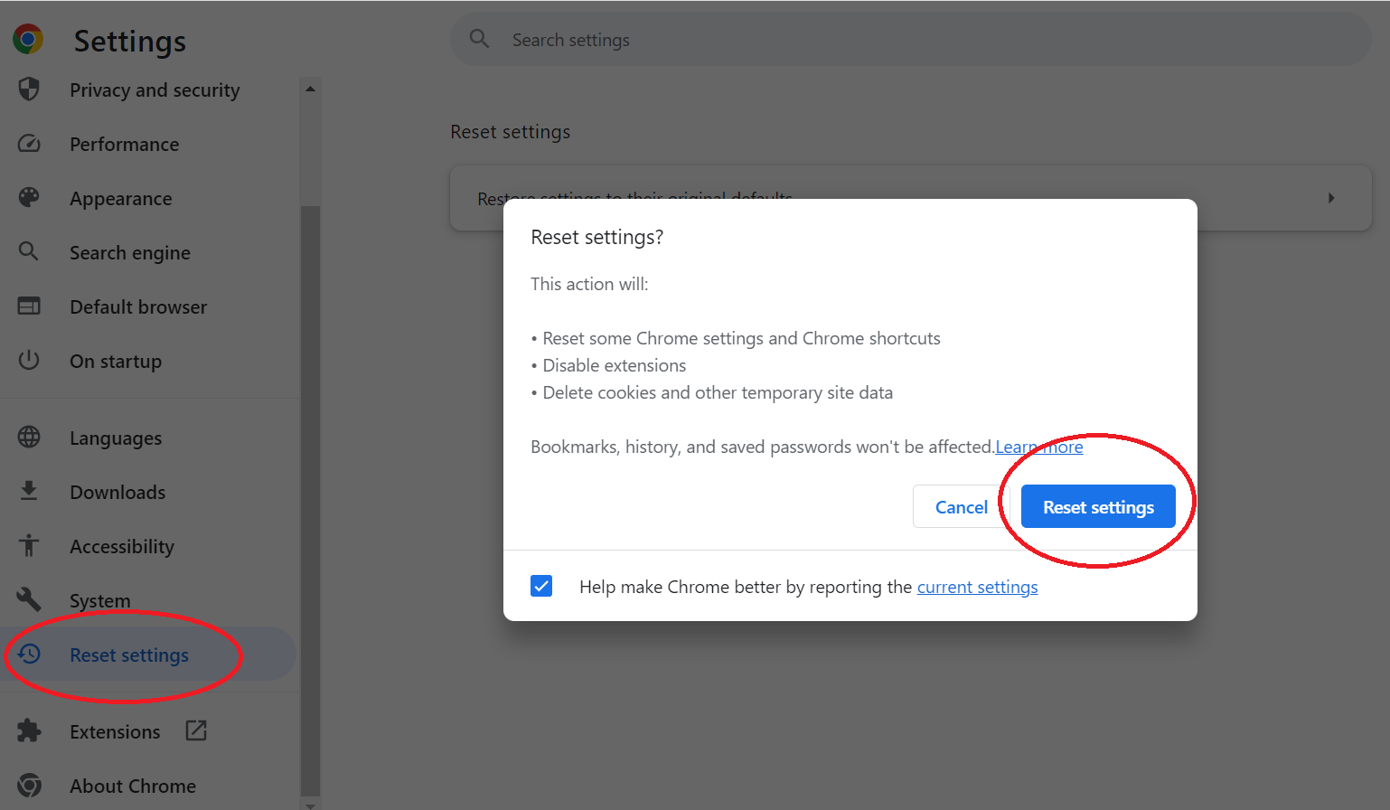 Google Chrome Reset Settings