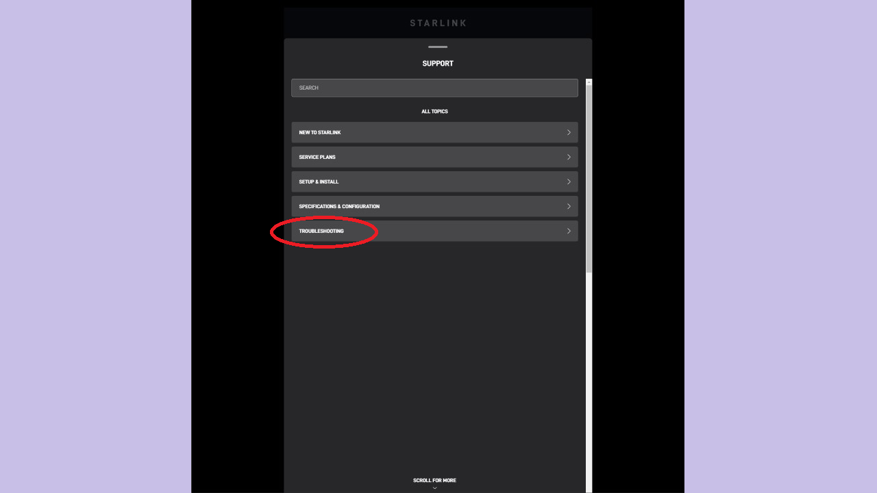 Starlink web app support menu