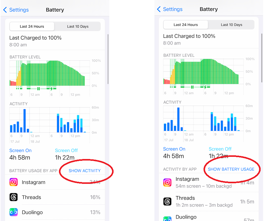 Apple iPhone battery: show battery usage vs show activity menus