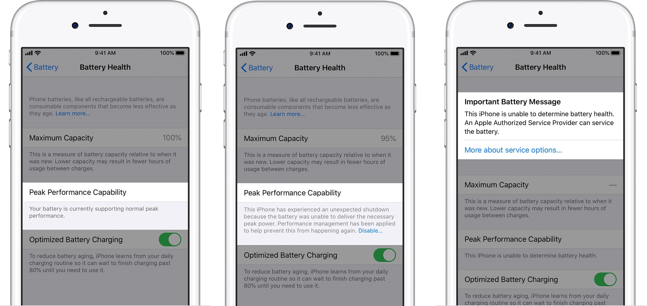 Apple iPhone battery health menus:Performance is normal, Performance management applied and Battery health unknown