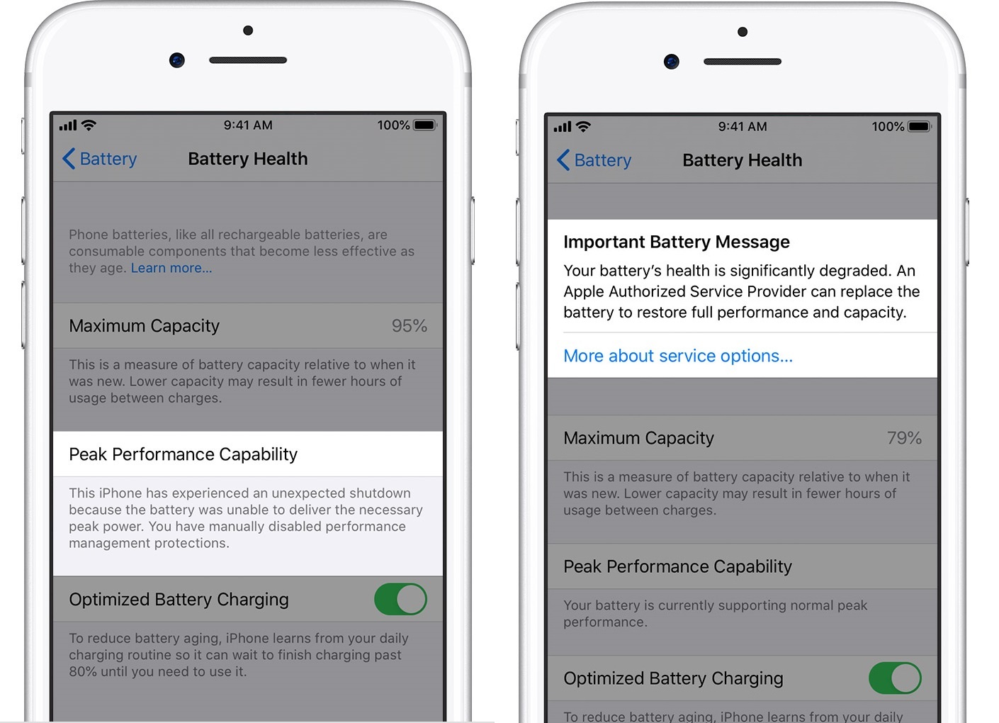 Apple iPhone battery health menus: Performance management turned off and Battery health degraded