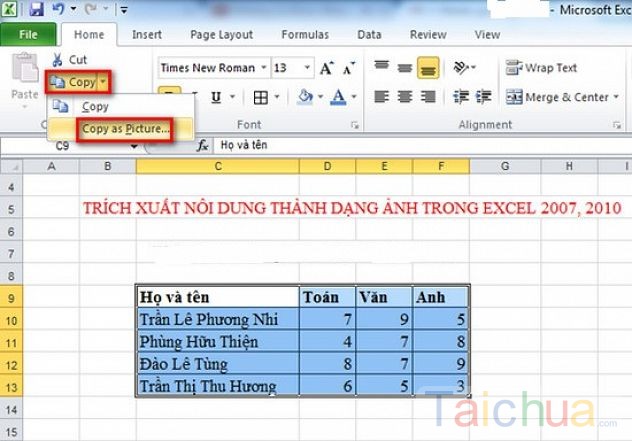 Cách trích xuất nội dung thành dạng ảnh trong excel 2010, 2007